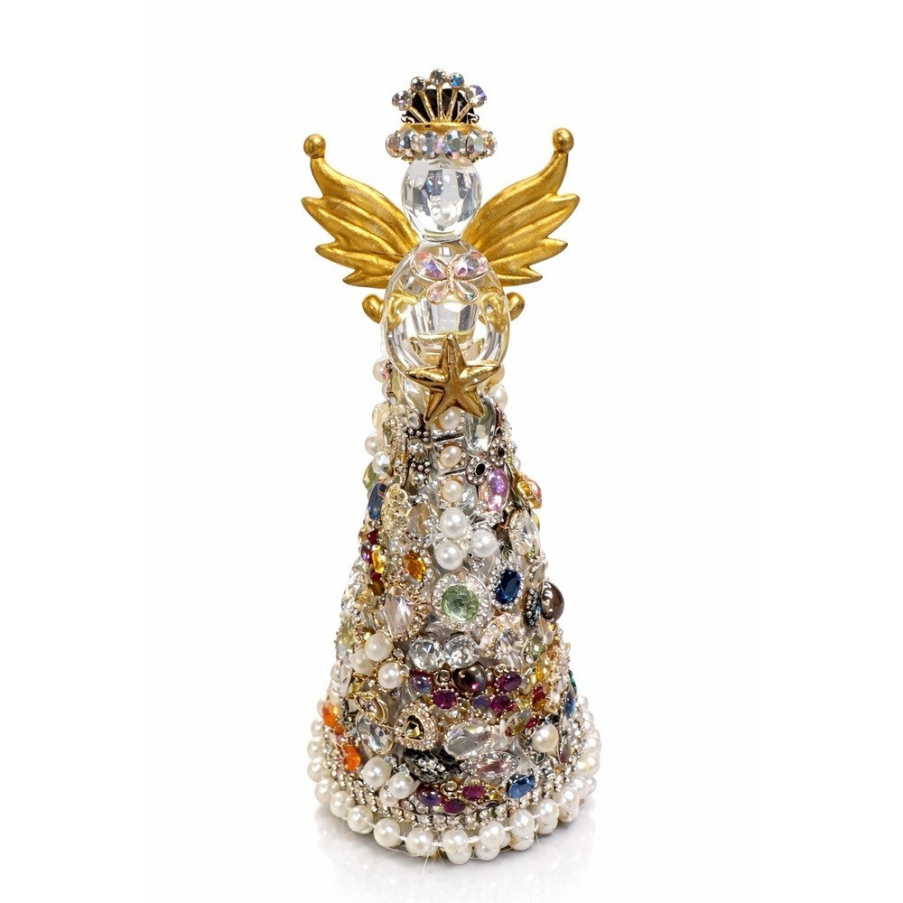 One of a Kind Jeweled Angel Figurine Rhinestone Pearl Gold Wings‎ Decor 10"